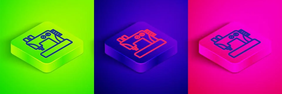 Isometric line Sewing machine icon isolated on green, blue and pink background Stock Illustration