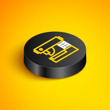Isometric line Sewing machine icon isolated on yellow background. Black circle Stock Illustration