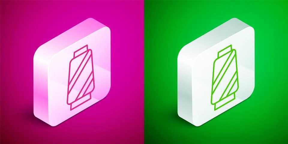 Isometric line Sewing thread on spool icon isolated on pink and green background Illustrazione stock