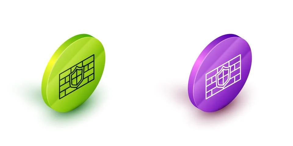 Isometric line Shield with cyber security brick wall icon isolated on white Stock Illustration