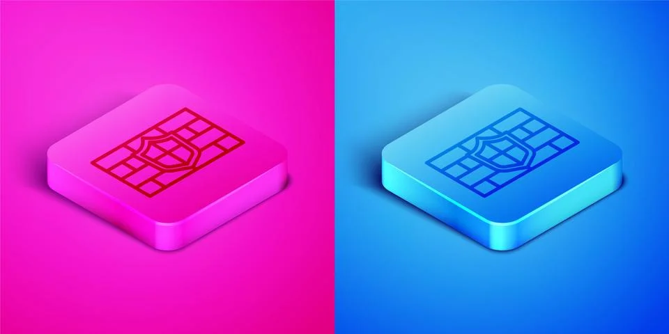 Isometric line Shield with cyber security brick wall icon isolated on pink and Stock Illustration