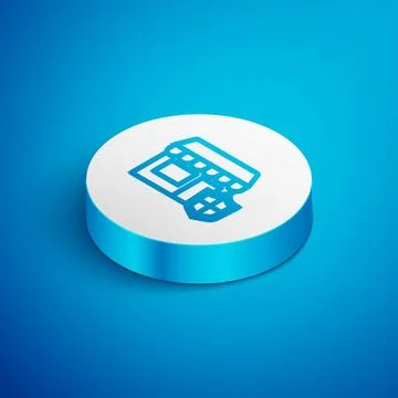 Isometric line Shopping building with shield icon isolated on blue backgrou.. Ilustración de archivo