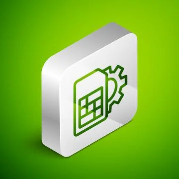 Isometric line Sim card setting icon isolated on green background. Mobile cel Stock Illustration