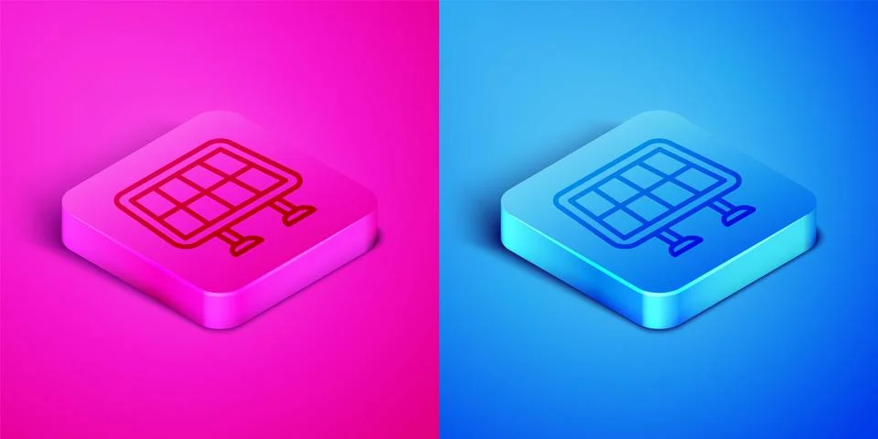 Isometric line Solar energy panel icon isolated on pink and blue background.  Stock Illustration
