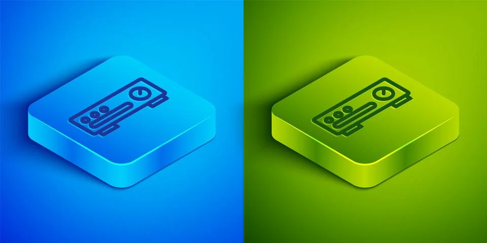 Isometric line Sound mixer controller icon isolated on blue and green backg.. Stock Illustration