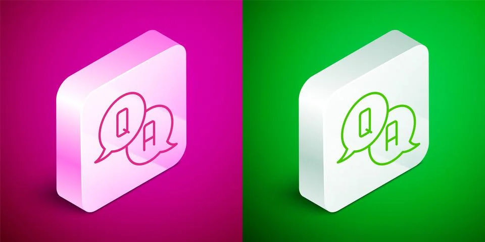 Isometric line Speech bubbles with Question and Answer icon isolated on pink and Illustrazione stock