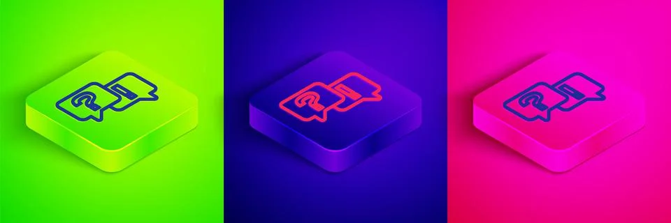 Isometric line Speech bubbles with Question and Answer icon isolated on green Stock Illustration