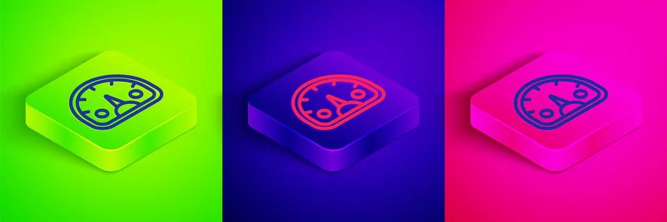 Isometric line Speedometer icon isolated on green, blue and pink background.  Stock Illustration