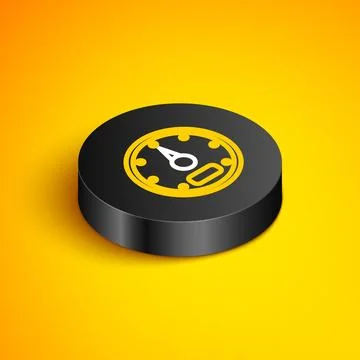 Isometric line Speedometer icon isolated on yellow background. Black circle.. Stock Illustration