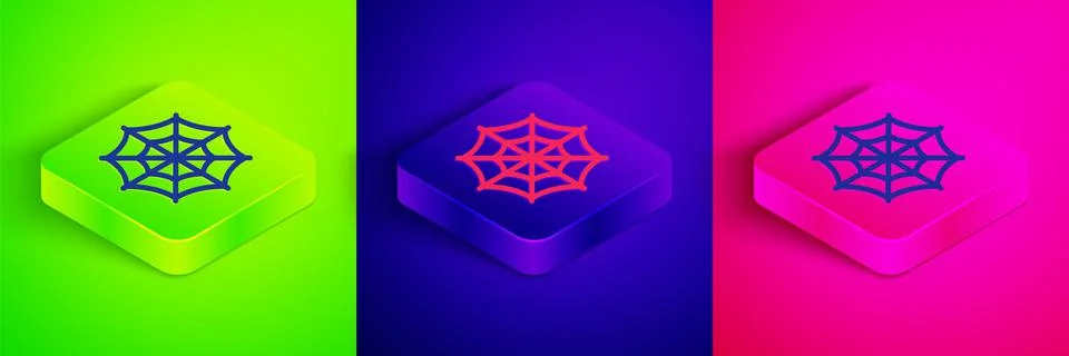 Isometric line Spider web icon isolated on green, blue and pink background. C Stock Illustration