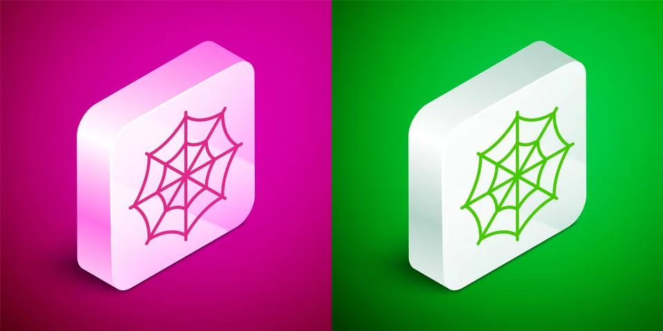 Isometric line Spider web icon isolated on pink and green background. Cobweb Stock Illustration