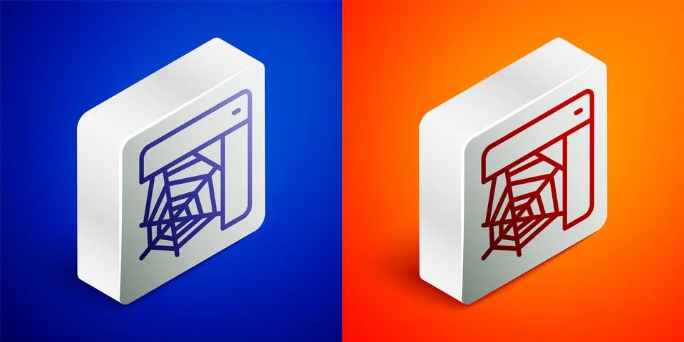Isometric line Spider web icon isolated on blue and orange background. Cobweb Stock Illustration