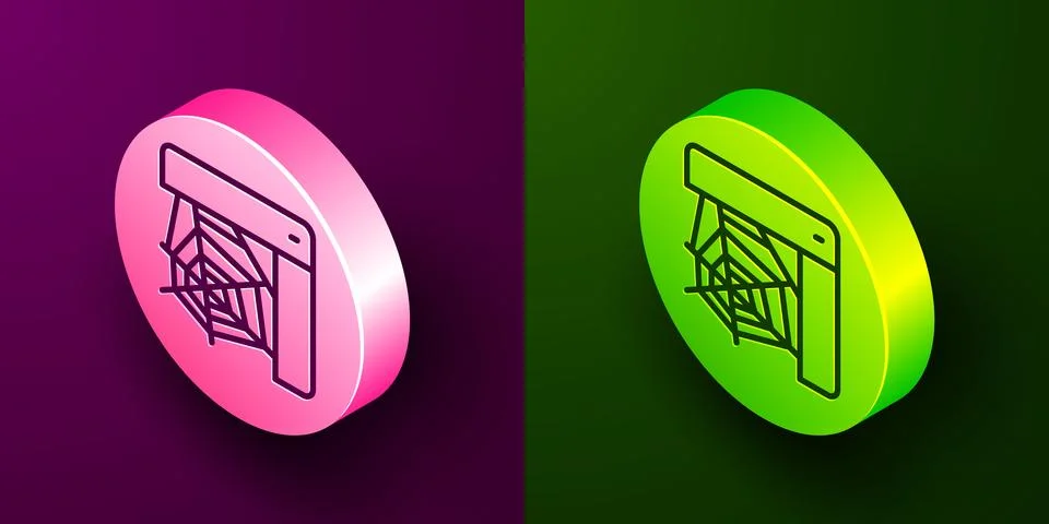 Isometric line Spider web icon isolated on purple and green background. Cobwe Stock Illustration