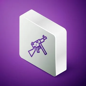Isometric line Thompson tommy submachine gun icon isolated on purple background Stock Illustration