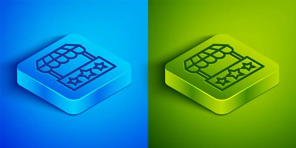 Isometric line Ticket box office icon isolated on blue and green background.. Stock Illustration