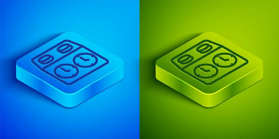Isometric line Time chess clock icon isolated on blue and green background... 스톡 일러스트