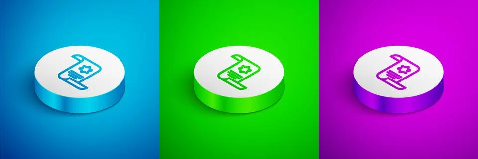Isometric line Torah scroll icon isolated on blue,green and purple background Stock Illustration