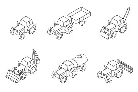 Isometric line tractor set with attachments. Illustrazione stock