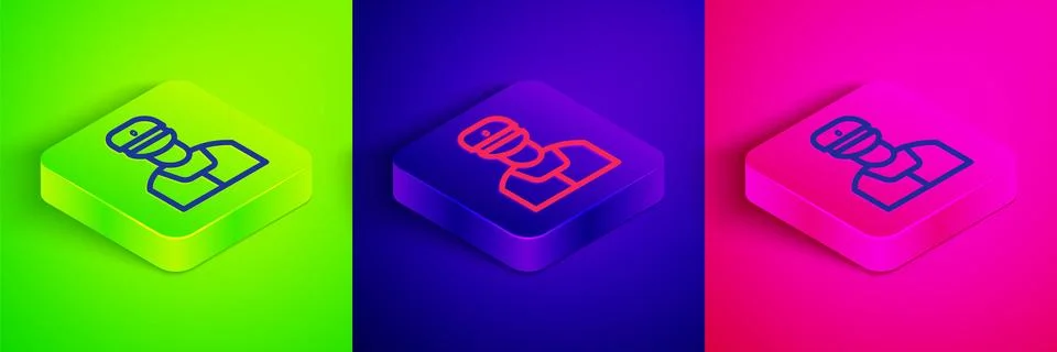 Isometric line Train conductor icon isolated on green, blue and pink background Stock Illustration