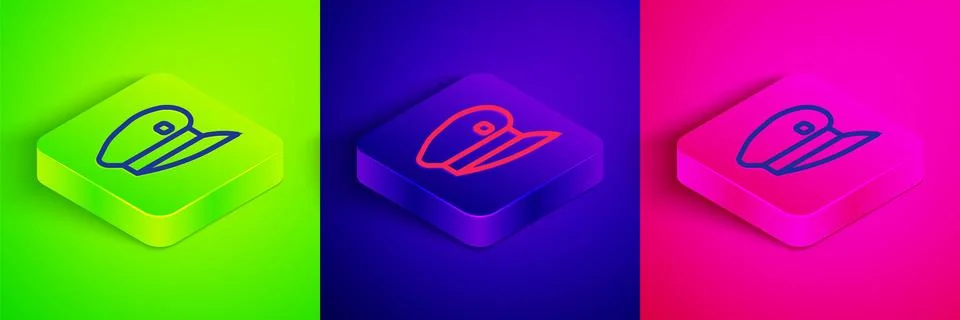Isometric line Train driver hat icon isolated on green, blue and pink background Stock Illustration