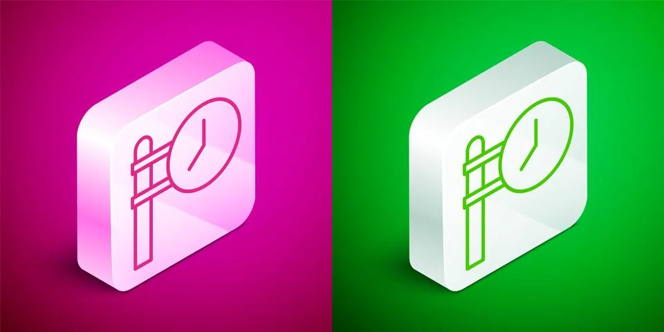 Isometric line Train station clock icon isolated on pink and green background Stock Illustration