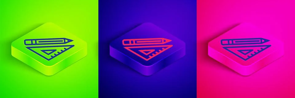 Isometric line Triangular ruler and pencil icon isolated on green, blue and pink Stock Illustration
