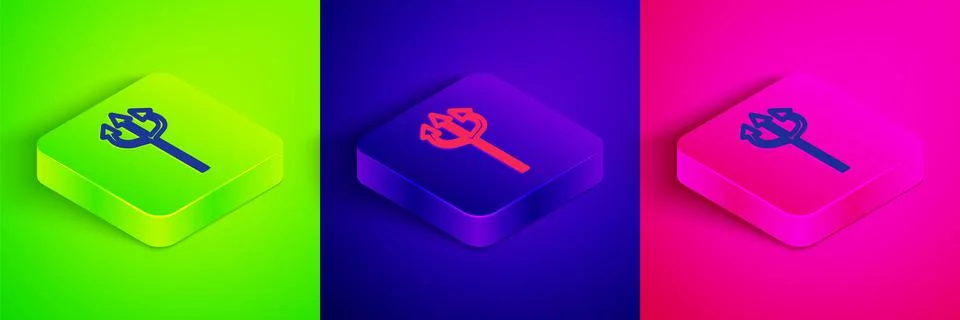 Isometric line Trident devil icon isolated on green, blue and pink background Stock Illustration