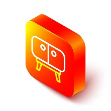 Isometric line TV table stand icon isolated on white background. Orange squ.. Stock Illustration