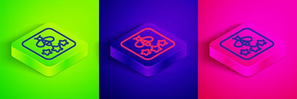 Isometric line Type of bee icon isolated on green, blue and pink background.  Stock Illustration