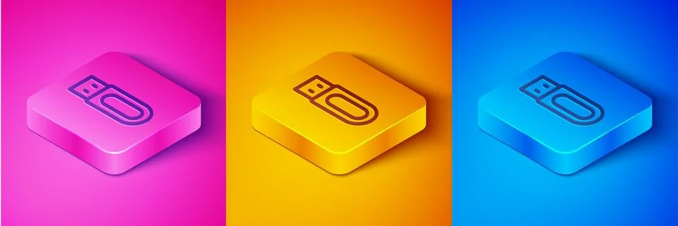 Isometric line USB flash drive icon isolated on pink and orange, blue background Stock Illustration