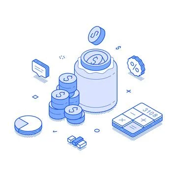 Isometric line vector illustration showcases various savings elements, includ Stockillustratie