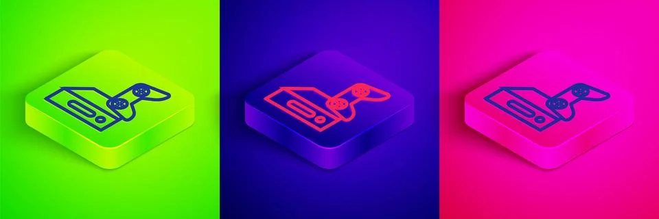 Isometric line Video game console with joystick icon isolated on green, blue and Stockillustratie