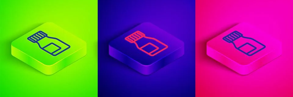 Isometric line Vitamin complex of pill capsule icon isolated on green, blue a Stock Illustration