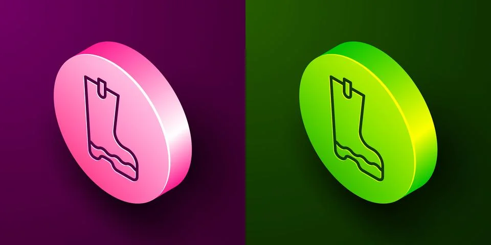 Isometric line Waterproof rubber boot icon isolated on purple and green Stock Illustration