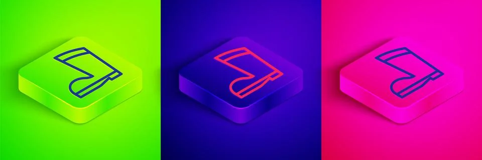 Isometric line Waterproof rubber boot icon isolated on green, blue and pink Stock Illustration
