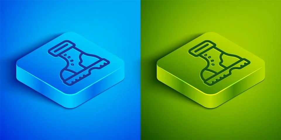 Isometric line Waterproof rubber boot icon isolated on blue and green background Stock Illustration
