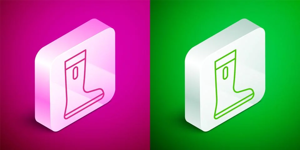 Isometric line Waterproof rubber boot icon isolated on pink and green backg.. Stock Illustration
