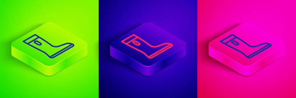 Isometric line Waterproof rubber boot icon isolated on green, blue and pink.. Stock Illustration
