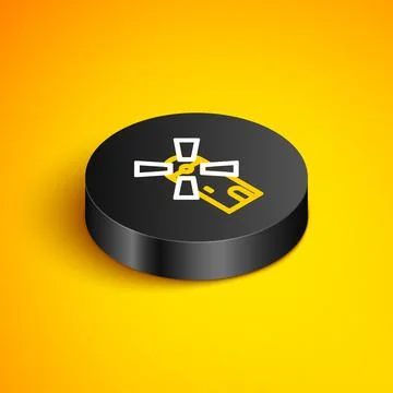 Isometric line Windmill icon isolated on yellow background. Black circle button Stock Illustration