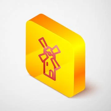 Isometric line Windmill icon isolated on grey background. Yellow square button Stock Illustration