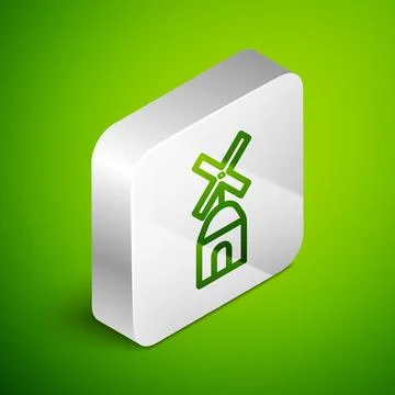 Isometric line Windmill icon isolated on green background. Silver square button Stock Illustration