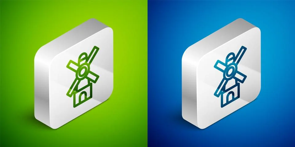 Isometric line Windmill icon isolated on green and blue background. Silver Stock Illustration