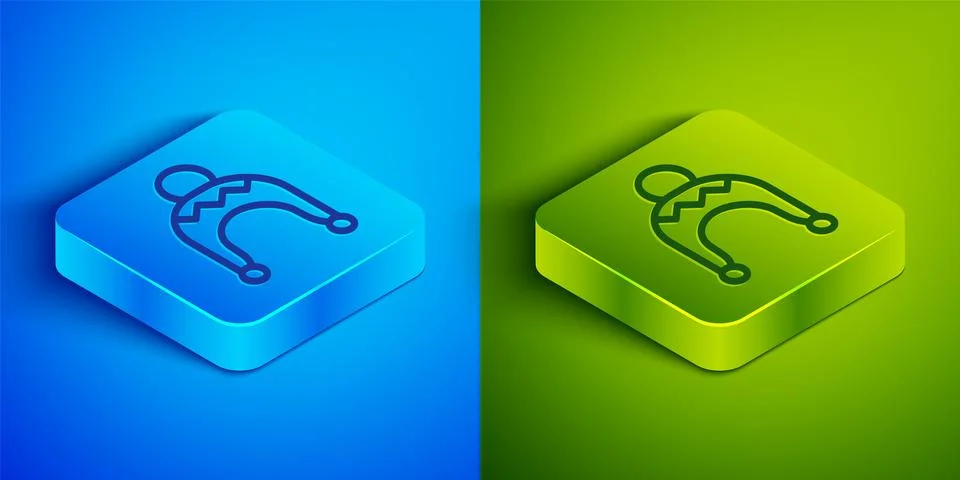 Isometric line Winter hat icon isolated on blue and green background. Squar.. Stock Illustration