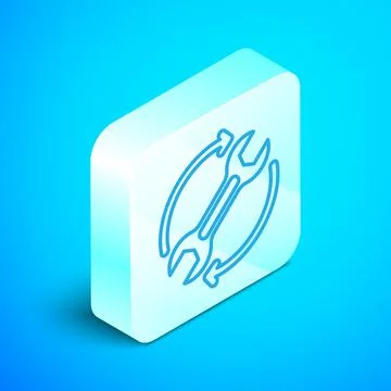 Isometric line Wrench spanner and arrows as workflow icon isolated on blue Stock Illustration