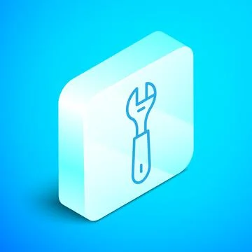 Isometric line Wrench spanner icon isolated on blue background. Silver square Stock Illustration