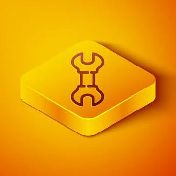Isometric line Wrench spanner icon isolated on orange background. Yellow square Stock Illustration