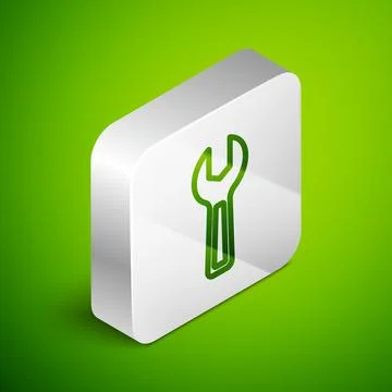 Isometric line Wrench spanner icon isolated on green background. Silver square Stock Illustration