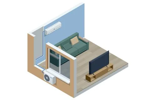 Isometric living room interior with split air conditioner and outdoor unit イラスト素材