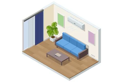 Isometric living room interior with split air conditioner and outdoor unit イラスト素材