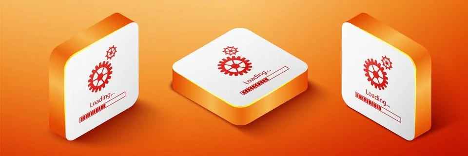 Isometric Loading and gear icon isolated on orange background. Progress bar icon Stock Illustration